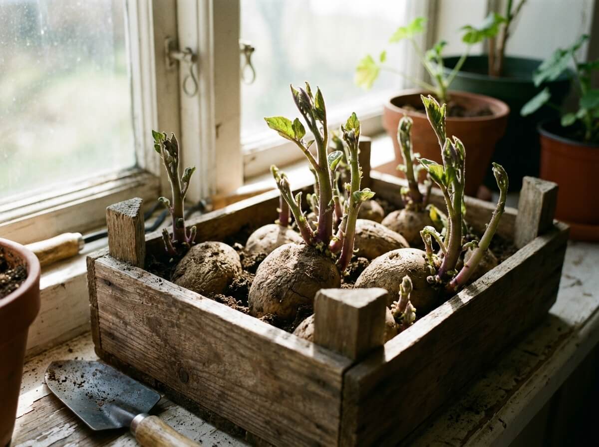 Naklíčené hlízy brambor připravené k výsadbě