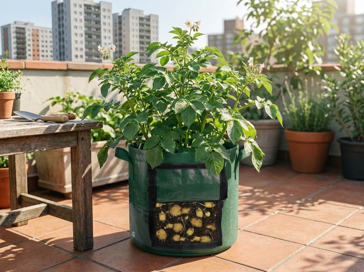 Pěstování brambor v textilním pytli na terase