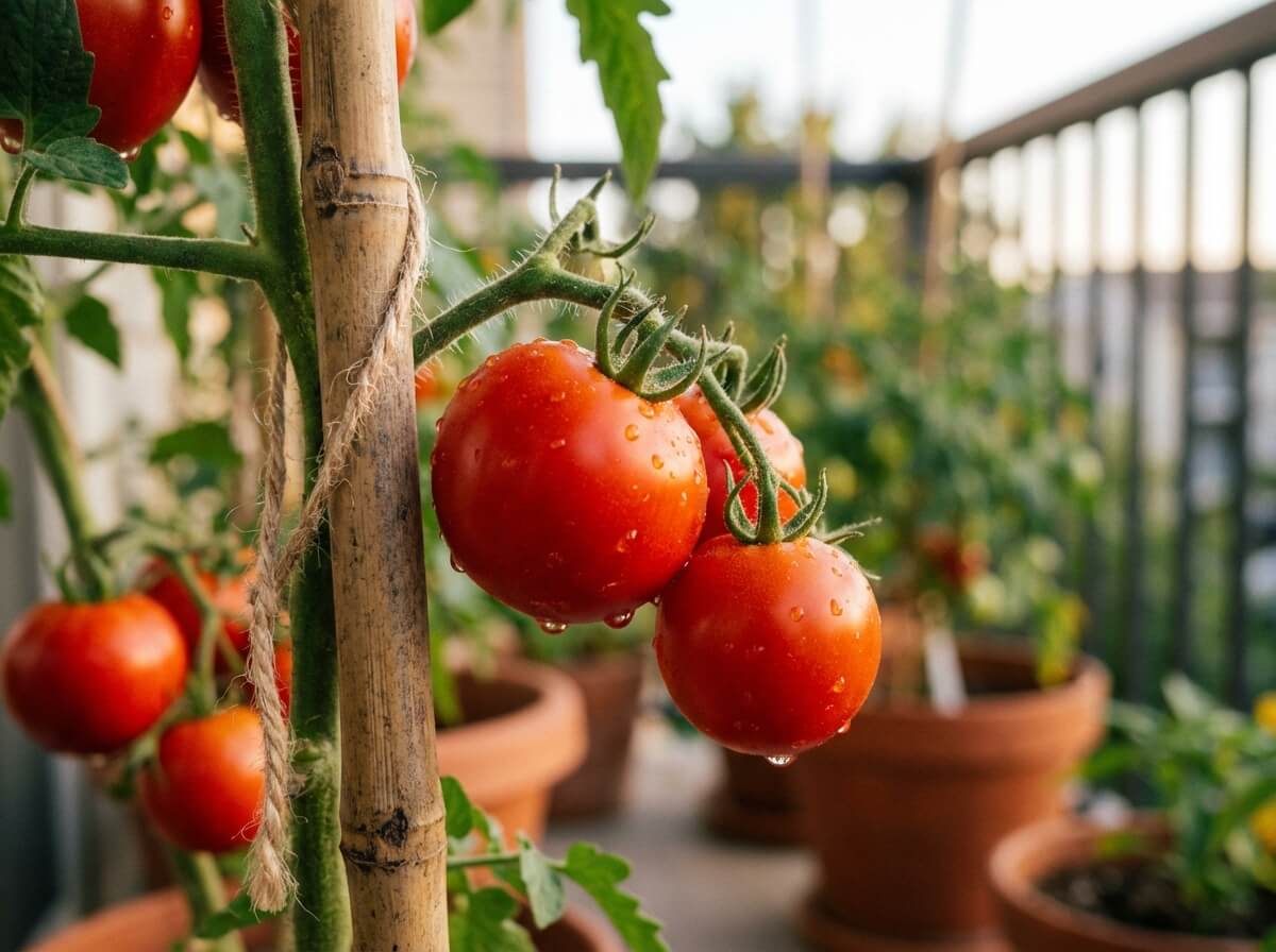 Detail zralých rajčat s oporou v nádobě