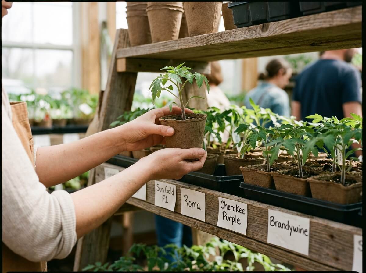 Výběr sazenic rajčat v zahradnictví
