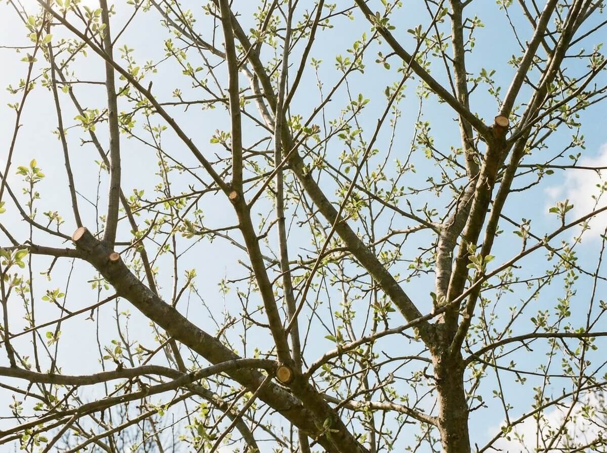 Pohled do prosvětlené koruny jabloně po řezu