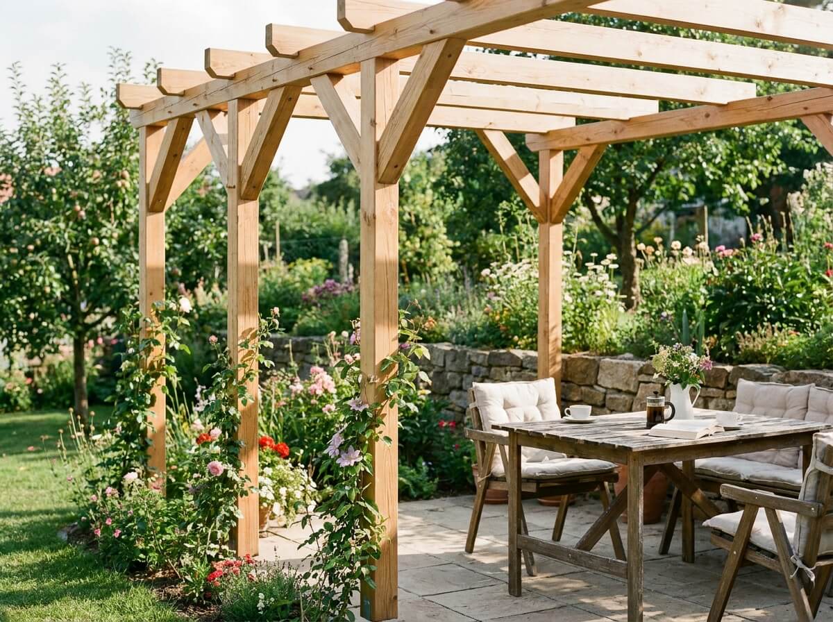 Hotová dřevěná pergola na zahradní terase s popínavými rostlinami a zahradním nábytkem
